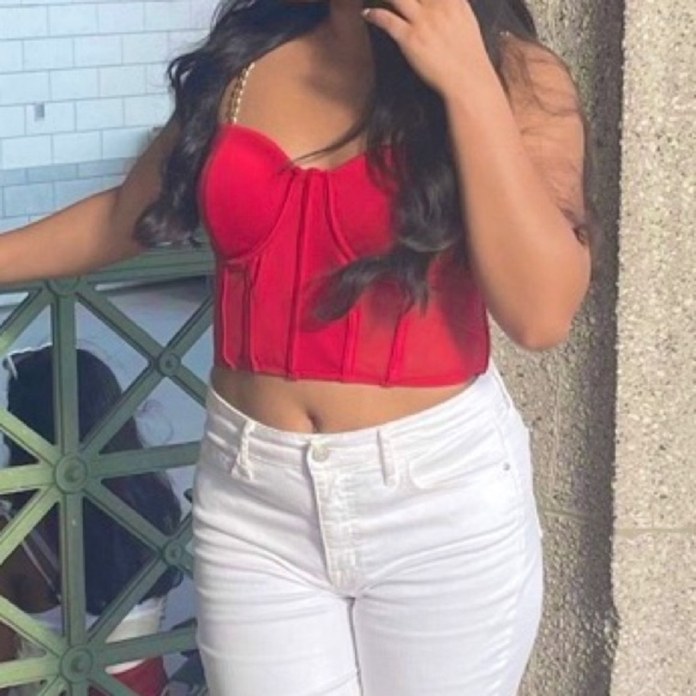 Red crop top gold chain sleeves corset